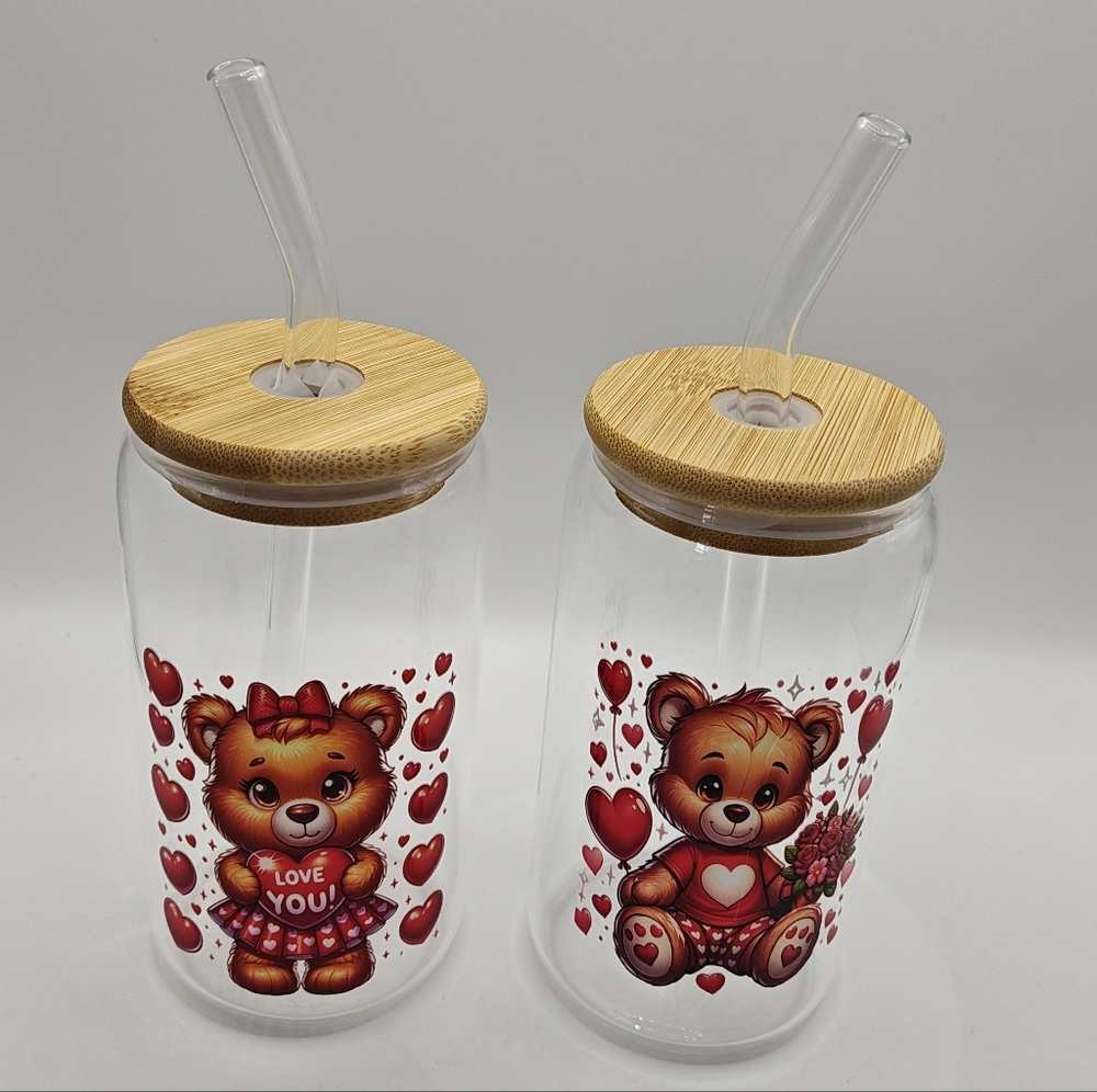 Glass Teddy Bear Love Drinking Jars with Bamboo Lid and Straw - Clear/Red